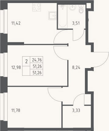Планировка: 2-к, 51,3 м²