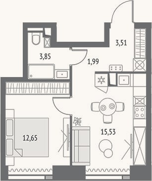 Планировка: 2-к, 37,5 м²