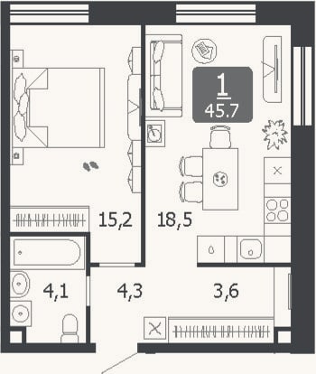Планировка: 2-к, 45,7 м²