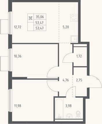 Планировка: 3-к, 53,5 м²