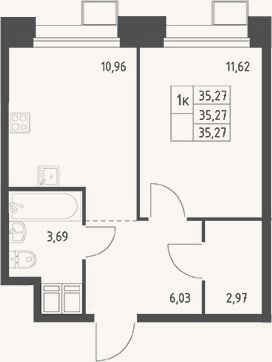 Планировка: 1-к, 35,3 м²