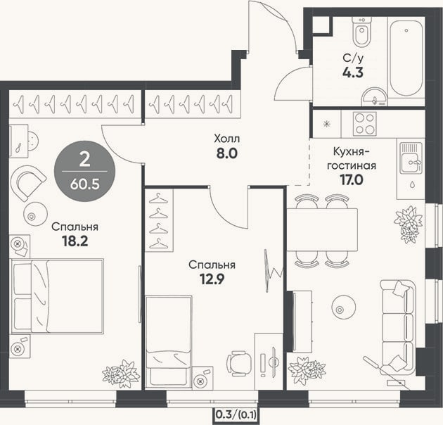 Планировка: 3-к, 60,4 м²