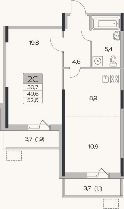 Планировка: 1-к, 49,6 м²