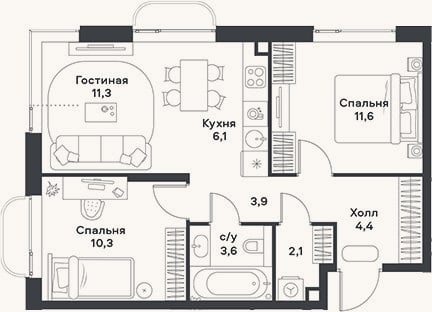 Планировка: 3-к, 53,3 м²