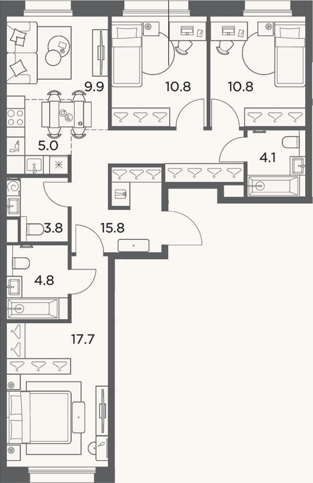 Планировка: 3-к, 82,7 м²