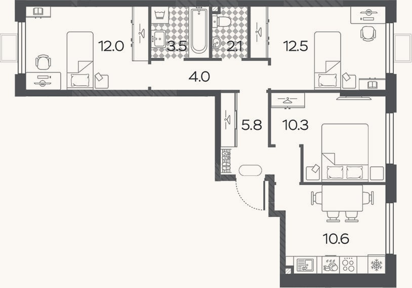 Планировка: 3-к, 60,8 м²