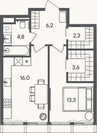 Планировка: 1-к, 46,2 м²