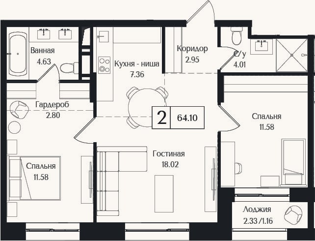 Планировка: 3-к, 62,9 м²