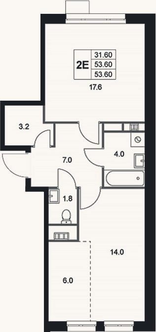 Планировка: 2-к, 53,6 м²