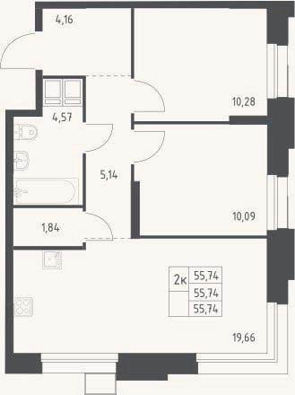 Планировка: 3-к, 55,7 м²