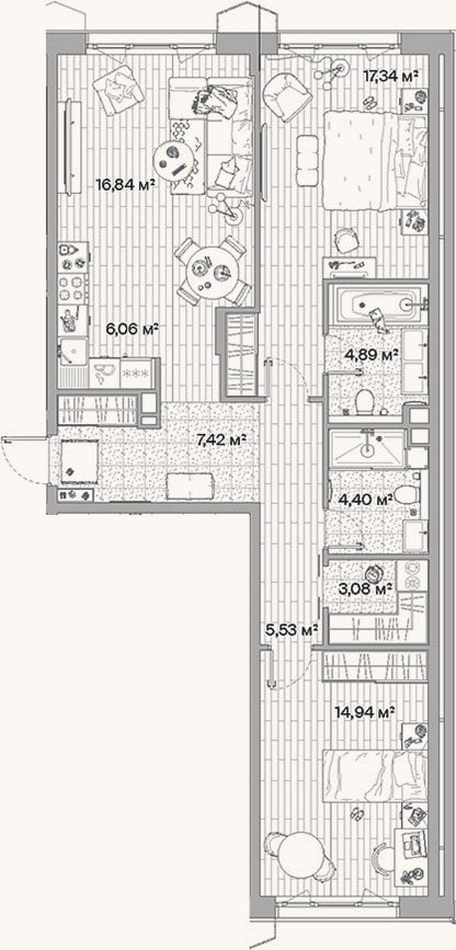 Планировка: 3-к, 80,5 м²