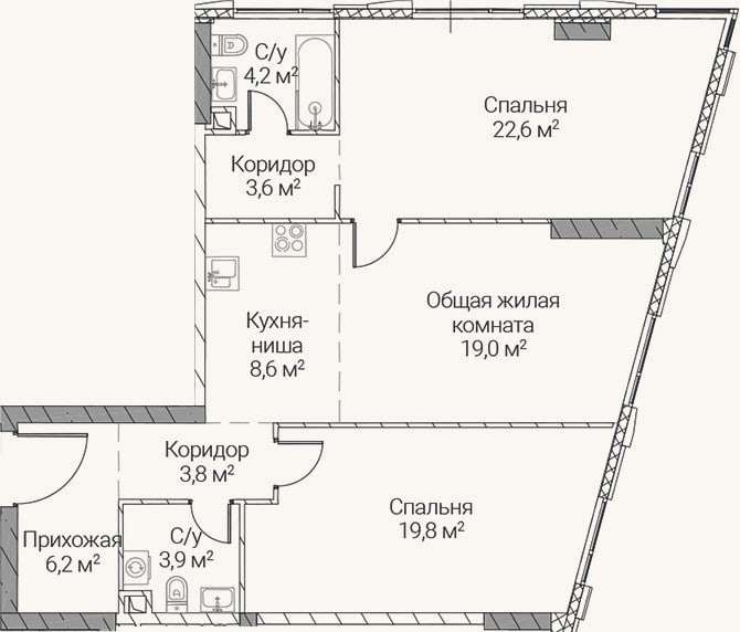 Планировка: 3-к, 91,7 м²