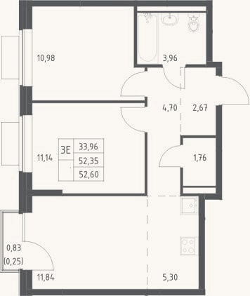 Планировка: 3-к, 52,4 м²