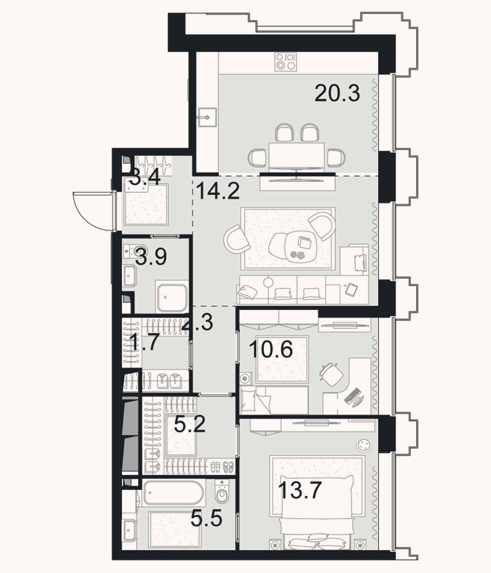 Планировка: 3-к, 80,8 м²