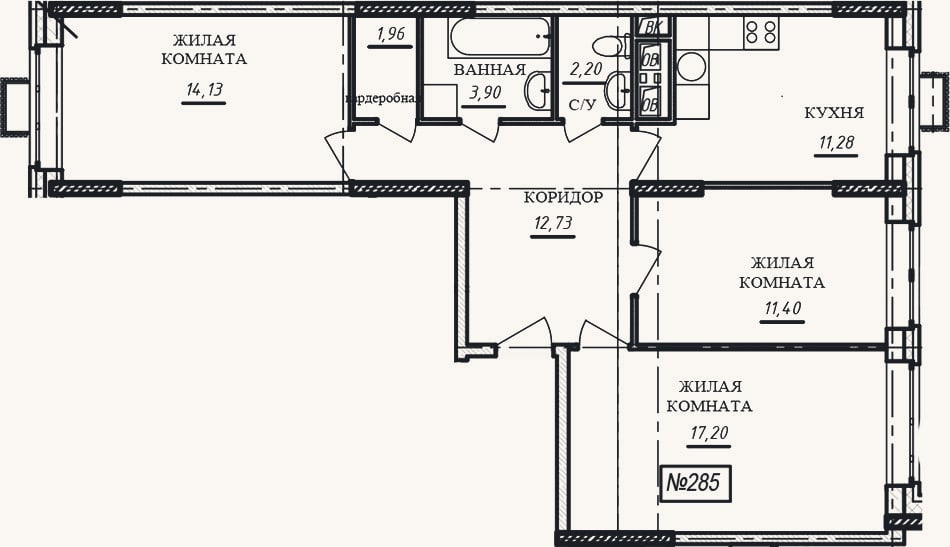 Планировка: 3-к, 74,8 м²