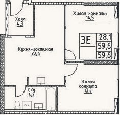 Планировка: 3-к, 59,6 м²