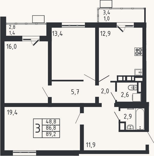 Планировка: 3-к, 86,8 м²