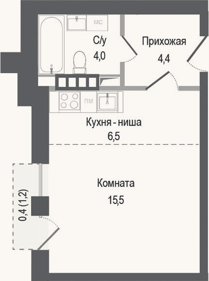 Планировка: Студия, 30,4 м²