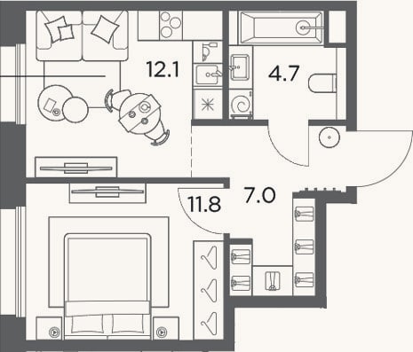 Планировка: 1-к, 35,6 м²