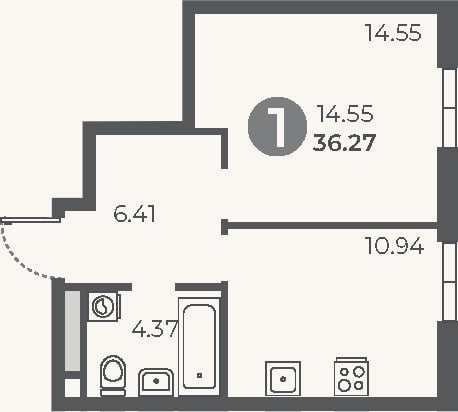 Планировка: 1-к, 36,3 м²