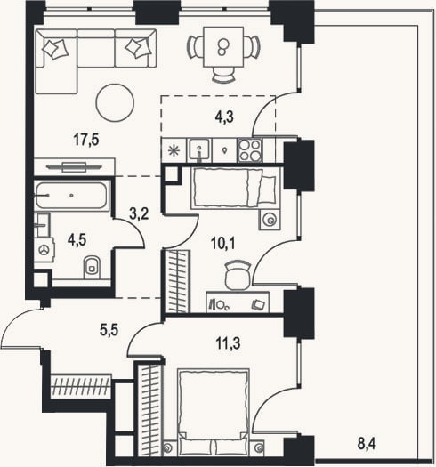 Планировка: 3-к, 56,4 м²
