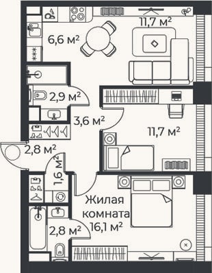 Планировка: 3-к, 59,8 м²