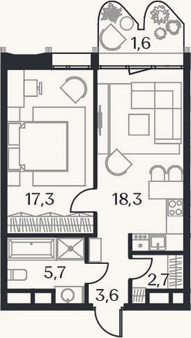 Планировка: 2-к, 47,6 м²