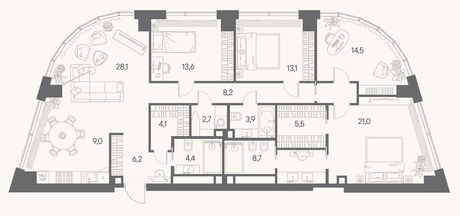 Планировка: 4+ к, 143 м²