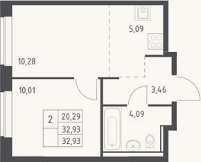 Планировка: 2-к, 32,9 м²