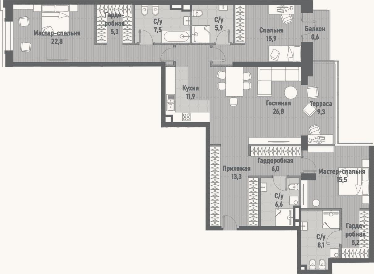 Планировка: 4+ к, 150,8 м²