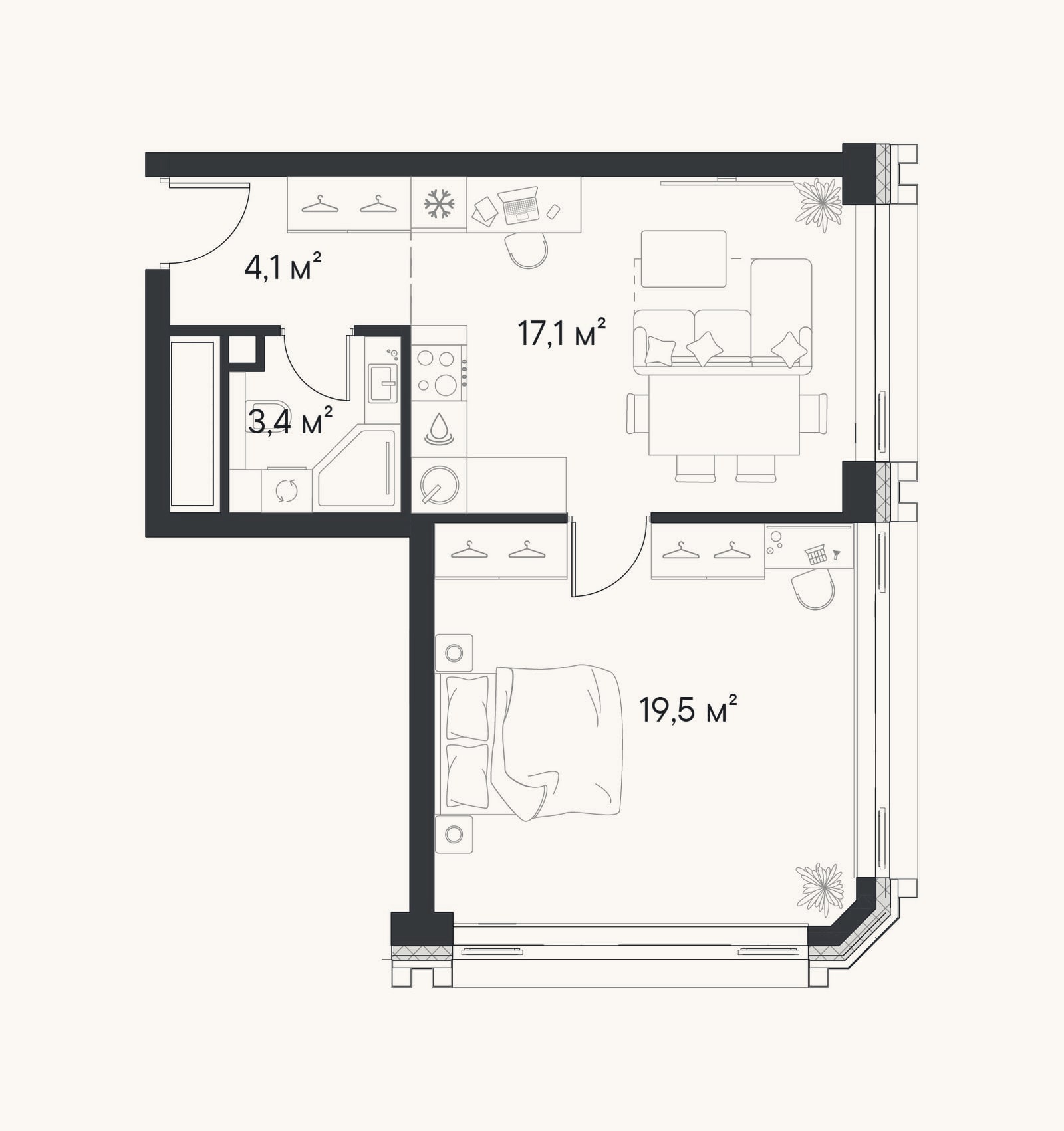 Планировка: 1-к, 44,1 м²
