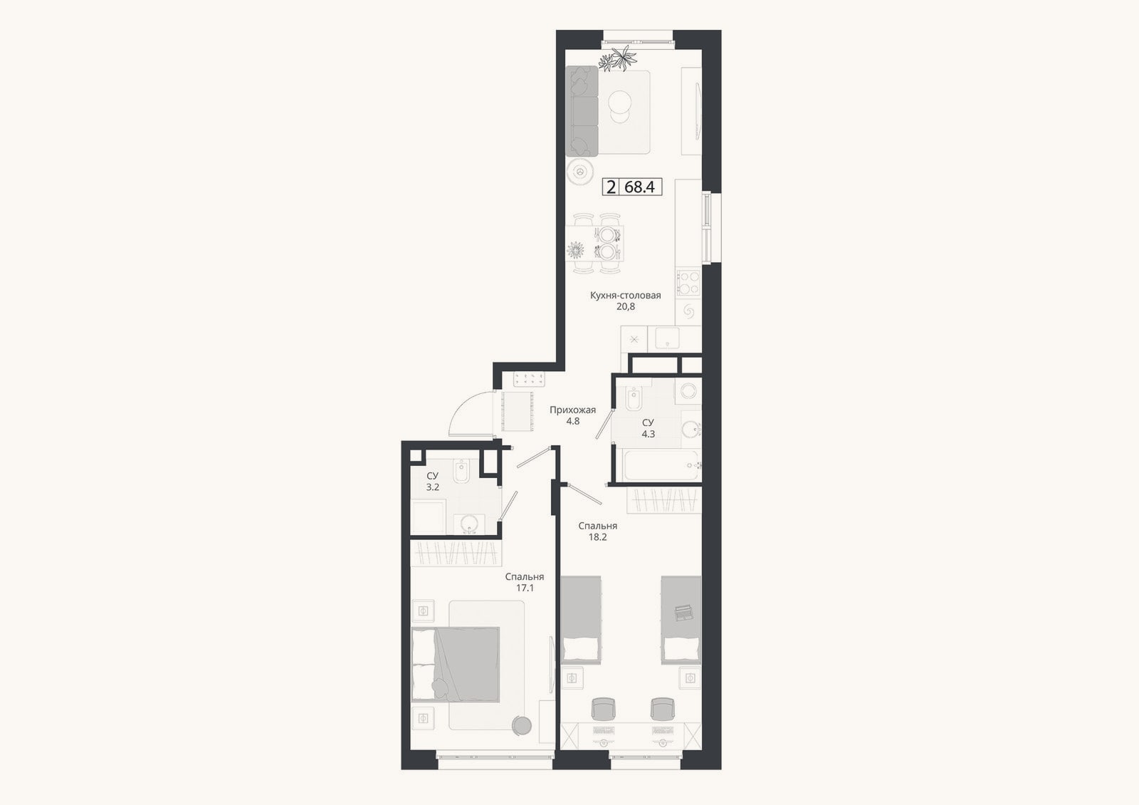 Планировка: 3-к, 68,4 м²