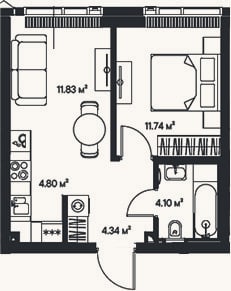 Планировка: 2-к, 36,8 м²