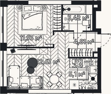 Планировка: 2-к, 37,9 м²
