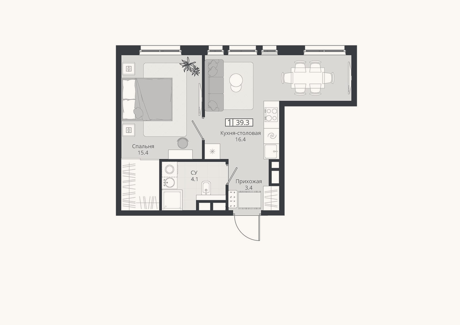 Планировка: 2-к, 39,3 м²
