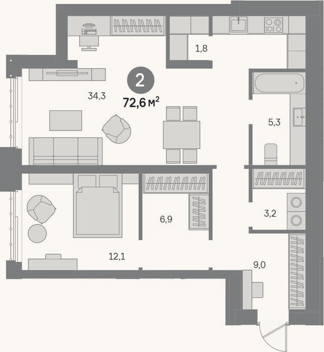 Планировка: 1-к, 72,6 м²