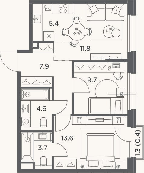 Планировка: 3-к, 56,7 м²