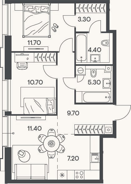 Планировка: 3-к, 63,7 м²