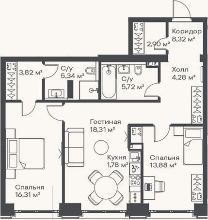 Планировка: 3-к, 80,7 м²