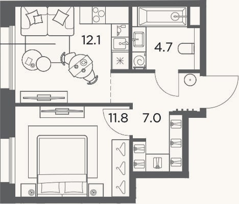 Планировка: 1-к, 35,6 м²
