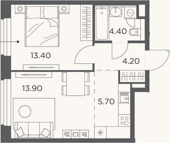 Планировка: 2-к, 43,4 м²