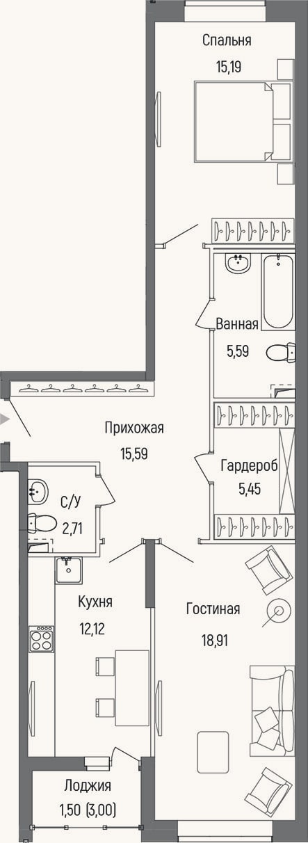 Планировка: 2-к, 75,6 м²