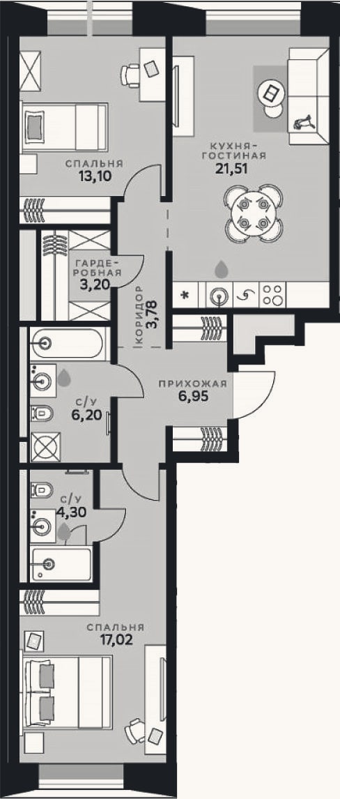 Планировка: 3-к, 76,1 м²