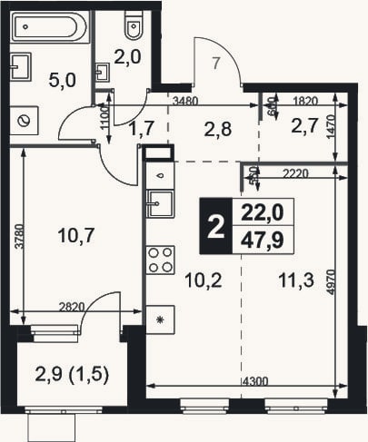 Планировка: 2-к, 46,4 м²