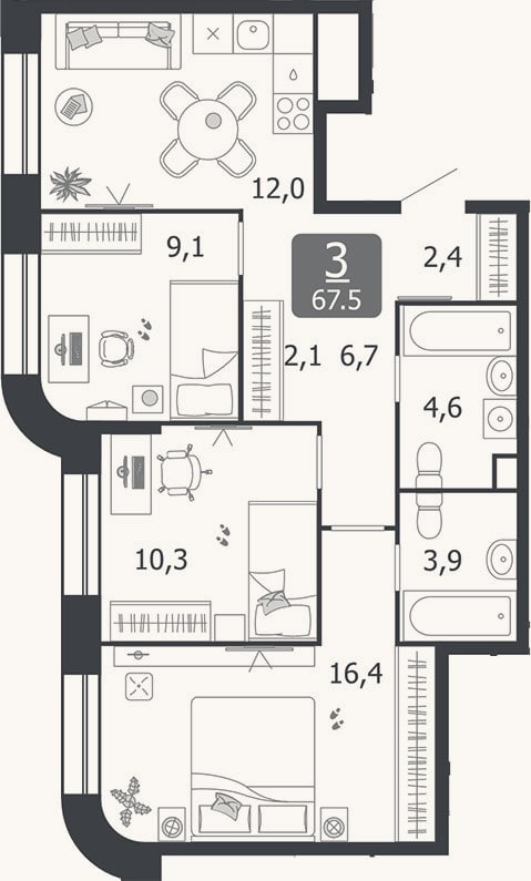 Планировка: 3-к, 67,5 м²