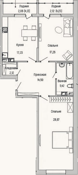 Планировка: 2-к, 85,2 м²