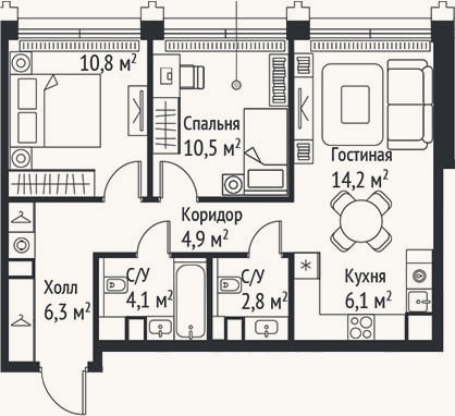 Планировка: 3-к, 59,7 м²