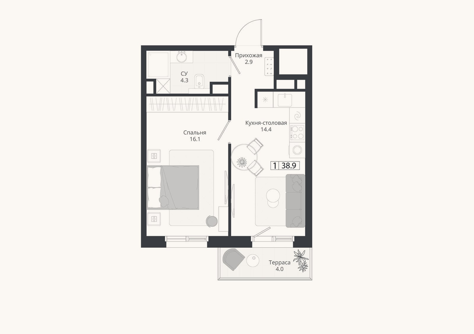 Планировка: 2-к, 37,7 м²
