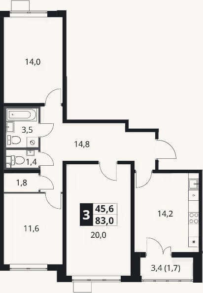 Планировка: 3-к, 81,3 м²