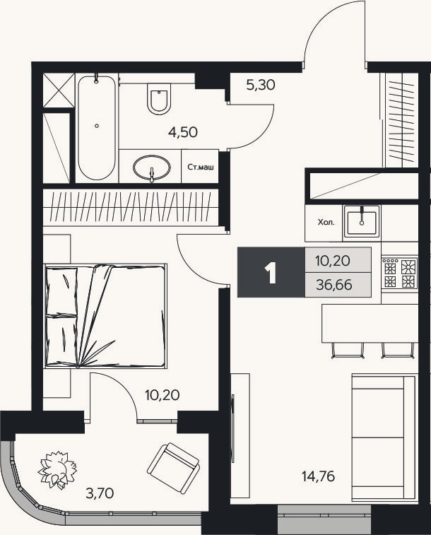 Планировка: 1-к, 34,8 м²